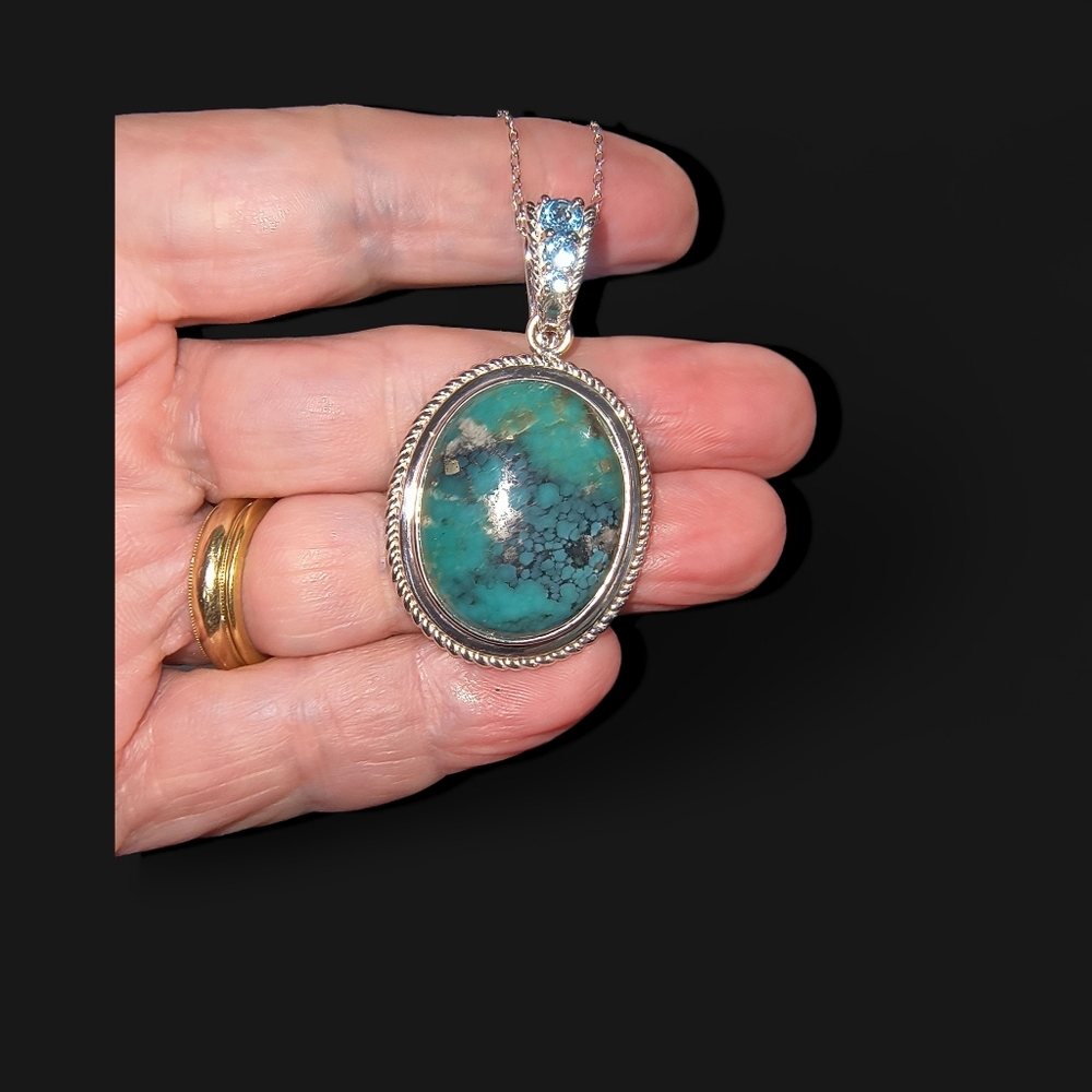 Large Campo Frio Turquoise & Blue Topaz Enhancer Necklace In Sterling Silver - Picture 6 of 11